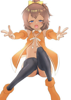 1girl :d babydoll bare_shoulders black_panties black_thighhighs blue_eyes blush boots bow brown_hair detached_collar detached_sleeves dress fang hair_bow half-closed_eyes hinata_chinatsu loli looking_at_viewer navel ongeki open_clothes open_dress open_mouth outstretched_arms panties ponytail reaching reaching_towards_viewer revealing_clothes shima_(temple_is_land) simple_background sitting skin_fang smile solo tan thighhighs underwear white_background yellow_bow