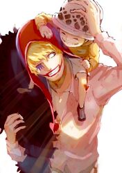 Rule 34 | 2boys, ^ ^, aged down, blonde hair, cape, child, closed eyes, commentary request, donquixote rocinante, fur cape, hand on headwear, hat, heart, heart print, highres, hood, looking at another, makeup, male focus, multiple boys, on shoulder, one eye closed, one piece, rai 00 k2, shorts, smile, trafalgar law
