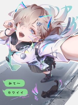 1girl absurdres arm_up black_cat black_nails black_skirt blonde_hair blue_eyes breasts cat cleavage commentary fingernails hair_ornament hand_up highres id_card long_hair looking_at_viewer lynae_(wuthering_waves) medium_breasts mole mole_on_breast nail_polish noto_(noto_1213) open_mouth shirt skirt skull_hair_ornament solo standing translation_request white_shirt wuthering_waves