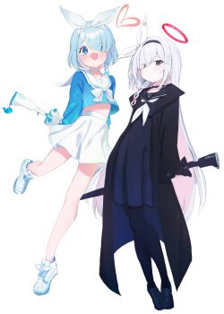 2girls absurdres arms_behind_back arona_(blue_archive) black_coat black_eyes black_footwear black_hairband black_jacket black_sailor_collar black_serafuku black_shirt black_skirt blue_archive blue_eyes blue_hair blue_shirt blush bow bow_hairband braid choker circle closed_mouth clothes_lift coat colored_inner_hair commentary cropped_shirt dot_mouth footwear_bow full_body hair_bow hair_over_one_eye hairband halo heart heart_halo higashigure highres jacket long_hair long_skirt long_sleeves midriff_peek miniskirt multicolored_hair multiple_girls neckerchief open_clothes open_coat open_jacket open_mouth plana_(blue_archive) pleated_skirt red_pupils sailor_collar school_uniform serafuku shirt shirt_lift shoes short_hair simple_background single_braid skirt smile square standing standing_on_one_leg triangle umbrella very_long_hair white_background white_bow white_choker white_footwear white_hair white_hairband white_neckerchief white_sailor_collar white_skirt white_umbrella x_(symbol)