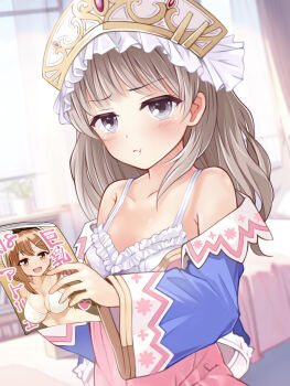Rule 34 | 1girl, absurdres, atelier (series), atelier ryza, atelier totori, bed, blurry, blush, book, brown hair, collarbone, curtains, depth of field, dress, grey eyes, headdress, highres, holding, holding book, indoors, long hair, looking at viewer, manga (object), mochi (k620803n), pornography, pout, reisalin stout, solo, spaghetti strap, sweatdrop, totooria helmold, wide sleeves, window