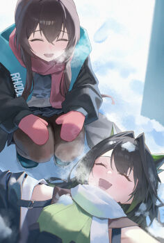 2girls :d absurdres amiya_(arknights) animal_ears arknights ascot black_hair black_jacket blue_ascot brown_hair brown_pantyhose closed_eyes commentary fang green_streaks hair_between_eyes highres jacket jinsei_tsuraiman laughing light_blush long_hair lying mittens mon3tr_(arknights) multicolored_hair multiple_girls on_back open_clothes open_jacket open_mouth outdoors outstretched_arms pantyhose red_mittens red_scarf scarf shirt short_hair skin_fang smile snow snow_on_head spread_arms squatting streaked_hair white_scarf white_shirt