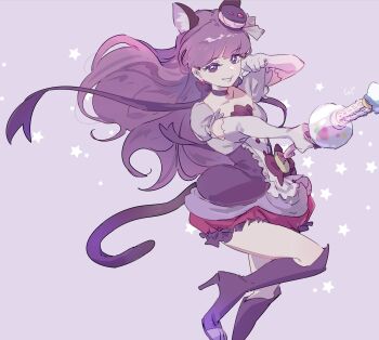 1girl animal_ears boots cat_ears cat_girl cat_tail choker collarbone cure_macaron elbow_gloves floating_hair food-themed_hair_ornament gloves grey_background grey_gloves grey_shirt grey_skirt grin hair_ornament high_heel_boots high_heels highres holding kirakira_precure_a_la_mode knee_boots kotozume_yukari layered_skirt long_hair macaron_hair_ornament miniskirt precure purple_boots purple_choker purple_eyes purple_hair purple_ribbon purple_tail red_skirt ribbon ribbon_choker shipu_(gassyumaron) shirt short_sleeves sketch skirt smile solo tail underbust very_long_hair