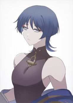 1boy bare_shoulders black_bodysuit blue_cape blunt_ends bodysuit cape closed_mouth clothes_down covered_collarbone dlgodls0731 eyelashes eyeshadow genshin_impact gold_trim grey_eyes grey_hair half-closed_eyes hashtag-only_commentary highres japanese_clothes kimono looking_at_viewer makeup male_focus mandarin_collar red_eyeshadow scaramouche_(genshin_impact) solo tsurime upper_body wanderer_(genshin_impact) white_background white_kimono wispy_bangs