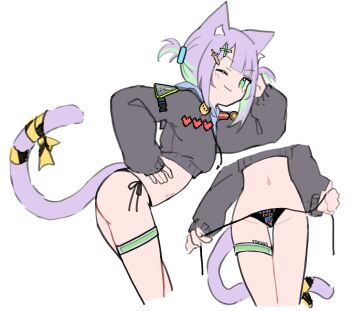 Rule 34 | 1girl, animal ears, black shirt, blush, cat ears, cat girl, cat tail, caution tape, colored inner hair, cropped legs, green eyes, groin, hair ornament, hand on own hip, highres, holding, holding panties, holding underwear, holding unworn clothes, indie virtual youtuber, looking at viewer, lyrinne, multicolored hair, multiple views, navel, one eye closed, panties, purple hair, shirt, short hair, shwaa, simple background, solo, string panties, tail, thigh strap, two side up, underwear, virtual youtuber, white background