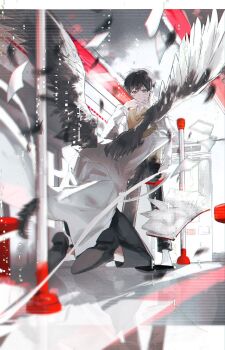 Rule 34 | 2boys, asaki an, bandage on face, bandages, black hair, black wings, book, chromatic aberration, coat, commentary request, dual persona, exhausted, falling feathers, falling paper, feathered wings, feathers, full body, glitch, hands up, highres, implied suicide, indoors, kim dokja, kneeling, multiple boys, oldest dream, omniscient reader's viewpoint, open book, reaching, reaching towards another, shirt, short hair, strangling, train interior, vest, white coat, white shirt, wings, yellow vest