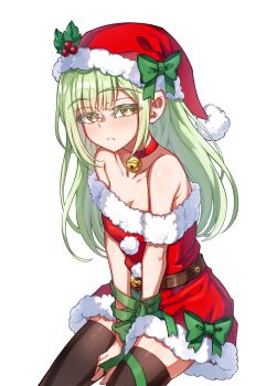 1girl absurdres bang_dream! bang_dream!_it's_mygo!!!!! bare_shoulders bell belt black_thighhighs blush bow breasts brown_belt choker cleavage collarbone commentary commission dress english_commentary fur_trim green_bow green_hair green_ribbon hat hat_bow highres junji_17 long_hair looking_at_viewer mixed-language_commentary neck_bell open_mouth red_choker red_dress red_hat ribbon santa_hat simple_background small_breasts solo thighhighs wakaba_mutsumi white_background yellow_eyes