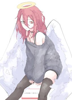 1boy absurdres androgynous angel_devil_(chainsaw_man) angel_wings arms_between_legs black_choker black_shorts black_thighhighs chainsaw_man choker closed_mouth commentary feet_out_of_frame grey_sweater halo highres invisible_chair male_focus marshmallow_(site) medium_hair mocamocaink off-shoulder_sweater off_shoulder red_eyes red_hair request_inset shorts simple_background sitting solo spaghetti_strap sweatdrop sweater thighhighs traditional_halo white_background white_wings wings
