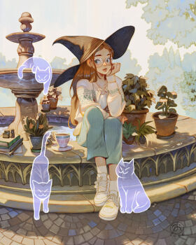 Rule 34 | 1girl, artist logo, book, book stack, brown hair, cardigan, cat, cup, dappled sunlight, day, fountain, ghost, glasses, green pants, hand on own chin, hat, highres, logo, long hair, looking to the side, open cardigan, open clothes, original, pants, plant, potted plant, saucer, sett, shirt, shoes, simz, sitting, socks, solo, striped clothes, striped pants, sunlight, teacup, tree, vertical-striped clothes, vertical-striped pants, white cardigan, white shirt, white shoes, white socks, witch hat
