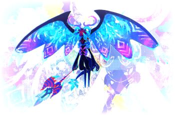 +_+ antlers blue_sclera colored_sclera commentary_request crystal full_body furry genwel_meteonelfilis highres holding holding_staff horns kakao_(kakao_san9) kirby_(series) kirby_and_the_forgotten_land nintendo partial_commentary solo spoilers staff star-crossed_world tail wing_ears zoom_layer