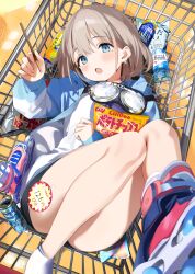 Rule 34 | 1girl, :o, abstract background, asahi soft drinks, bag of chips, bare legs, bike shorts, black shorts, blue eyes, blue jacket, blush, bottle, calbee (potato chips), can, candy, canned coffee, canned food, chips (food), coca-cola, commentary, drink can, earrings, food, food request, foreshortening, from above, full body, georgia coffee, go (mumuke), goggles, goggles around neck, grey hair, highres, holding, holding food, holding pocky, idolmaster, idolmaster shiny colors, in shopping cart, inline skates, jacket, jewelry, kirin beverage, kirin lemon, legs, legs up, long sleeves, looking at viewer, looking up, lying, mitsuya cider, on back, open clothes, open jacket, open mouth, pocky, potato chips, price tag, red footwear, reflective floor, revision, roller skates, sangaria, serizawa asahi, shirt, shoes, shopping cart, short hair, shorts, skates, smile, sneakers, socks, soda bottle, solo, thighs, tile floor, tiles, unworn footwear, v, water bottle, white shirt, white socks, yellow background