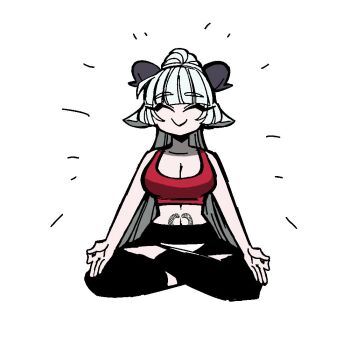 Rule 34 | 1girl, animal ears, baphomet (grizz), black pants, breasts, closed eyes, demon girl, goat ears, goat horns, grizz, helltaker, horns, long hair, lotus position, meditation, original, pants, smile, vanripper (style), white hair