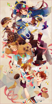 2girls 3boys ^_^ ahoge alternate_costume alternate_hairstyle animal_costume apron ascot axis_powers_hetalia bandaid bear_costume bicorne blonde_hair blush_stickers book border bow bowtie box bracelet brooch brown_hair buttons capelet captain_hook captain_hook_(cosplay) cardboard_box child claws closed_eyes confetti corset cosplay deerstalker dress falling fang fish frown gem gloves gold green_eyes hair_ribbon hand_on_headwear happy hat hat_feather heart hood jacket jacket_on_shoulders jewelry long_hair multiple_boys multiple_girls necklace one_eye_closed open_book open_mouth outstretched_arms pants pantyhose pirate principality_of_seborga_(hetalia) principality_of_wy_(hetalia) puffy_sleeves purple_legwear ribbon robot saber_(weapon) scrunchie sealand_(hetalia) seychelles_(hetalia) sherlock_holmes sherlock_holmes_(cosplay) short_hair short_twintails skirt smile smoking_pipe stuffed_animal stuffed_toy sword teddy_bear teeth the_adventures_of_sherlock_holmes thick_eyebrows top_hat treasure_chest twintails united_kingdom_(hetalia) very_long_hair wakoku_nito wavy_hair weapon white_legwear wink yellow_eyes