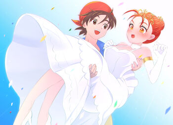 Rule 34 | 1boy, 1girl, :d, :o, alternate costume, alternate hairstyle, bandana, blush, breasts, bride, brown eyes, brown hair, carrying, choker, dragon quest, dragon quest viii, dress, elbow gloves, gloves, hair bun, hero (dq8), high heels, jessica albert, kikopoko11, medium breasts, official alternate costume, open mouth, princess carry, red bandana, red eyes, red hair, shoes, sleeveless, sleeveless dress, smile, tears, tiara, wedding dress, white choker, white dress, white gloves, white shoes