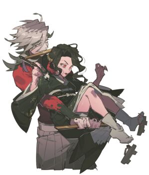 1boy 1girl beads black_hair black_kimono blonde_hair boosk_01 breasts calligraphy_brush douma_(kimetsu_no_yaiba) fingernails forked_eyebrows grey_hakama grey_pants hair_beads hair_ornament hakama hakama_pants hand_fan holding holding_calligraphy_brush holding_fan holding_paintbrush japanese_clothes kibutsuji_muzan kibutsuji_muzan_(female) kimetsu_no_yaiba kimono long_fingernails medium_breasts paintbrush pants parted_bangs purple_lips red_eyes red_shirt sandals shirt smile socks tabi updo wavy_hair weapon_in_mouth white_background white_socks