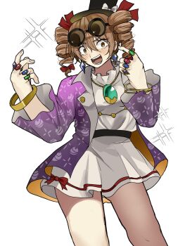 1girl black_hat bracelet brown_eyes brown_hair coat dress drill_hair earrings eyewear_on_head hat highres jewelry long_sleeves pendant purple_coat ring round_eyewear simple_background solo sunglasses top_hat touhou twin_drills white_background white_dress yorigami_jo&#039;on youna_nan