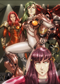 3girls alien angry armor crazy_eyes dagova_(artist) formal_clothes giant giantess green_eyes green_hair hangar jenius_milia long_hair looking_at_viewer macross macross:_do_you_remember_love? mecha meltrandi military military_uniform multiple_giantesses multiple_girls pilot power power_armor purple_hair queadluun-rau quimeliquola red_hair robot science_fiction serious soldier spacecraft_interior spacesuit suit zentradi