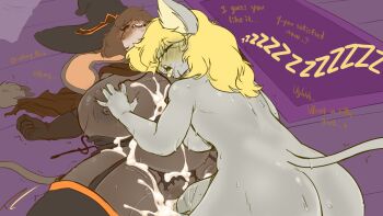 1futa 1girl after_vaginal aftersex ahegao animal_ears ass blonde_hair blush breasts brown_hair closed_eyes cum cum_in_pussy deep_penetration english_text fakeryway furry furry_female futa_with_female futanari hat huge_breasts long_hair lying lying_on_person nipples on_person open_mouth original penis sleeping tail testicles tongue tongue_out vaginal wizard wizard_hat zzz