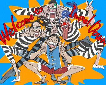Rule 34 | 4boys, ^ ^, black hair, blue hair, blue shirt, bon clay, buggy the clown, closed eyes, commentary request, double v, galdino, glasses, leg hair, looking at viewer, makeup, male focus, monkey d. luffy, multiple boys, one piece, ponytail, prison clothes, scar, scar on face, shirt, short hair, smile, squatting, tomatop, tongue, tongue out, v