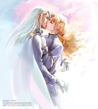 00s 1990s_(style) 2007 2boys bishoujo_senshi_sailor_moon bishoujo_senshi_sailor_moon_(first_season) blonde_hair cape closed_eyes coat dark-skinned_male dark_skin earrings gloves jewelry kiss kunzite_(sailor_moon) long_hair low_ponytail male_focus multiple_boys ponytail retro_artstyle silver_hair tata tatiana_kirgetova uniform wavy_hair white_gloves yaoi zoisite_(sailor_moon)