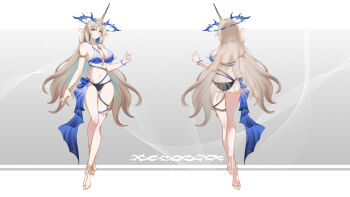 1girl absurdres alternate_costume armlet back bare_legs bare_shoulders barefoot bikini black_bikini blonde_hair blue_bikini blue_eyes breasts chinese_commentary closed_mouth commentary_request crown_of_thorns earrings feet fleurdelys_(wuthering_waves) floating_earrings hand_up highres horns jewelry large_breasts legs long_hair long_horns looking_at_viewer mismatched_bikini multiple_views navel official_style pointy_ears reference_sheet sidelocks single_horn soles stomach swimsuit thighlet thighs toes very_long_hair wuthering_waves yellow_horns zelphal