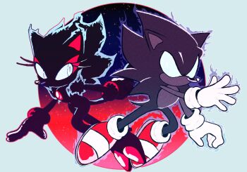 1boy 1girl animal_ears animal_nose aura black_fur black_hair blaze_the_cat blaze_the_cat_(beta_design) blue_background blue_eyes blue_fur blue_sclera body_fur cat_ears cat_girl cat_tail chest_jewel colored_sclera dark_persona dark_sonic eye_contact full_body furry furry_female furry_male gloves highres jumping long_hair looking_at_another looking_to_the_side no_mouth prototype_blaze purple_fur purple_hair red_footwear round_image shoes socks sonic_(series) sonic_the_hedgehog sonic_x spiked_hair stellarspin symmetry tail white_gloves white_legwear