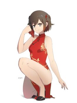 1girl ar_jart artist_name bare_arms bare_legs bare_shoulders black_footwear black_hair breasts china_dress chinese_clothes closed_mouth dress flower gradient_hair grey_eyes hair_between_eyes hair_bun hair_flower hair_ornament hand_in_own_hair knee_up kneeling looking_at_viewer multicolored_hair pelvic_curtain red_dress red_hair ruby_rose rwby short_hair side_slit small_breasts solo white_background