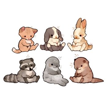 animal animal_focus black_eyes blush cat commentary english_commentary full_body no_humans original otter rabbit raccoon seal_(animal) simple_background sitting spicymochi white_background