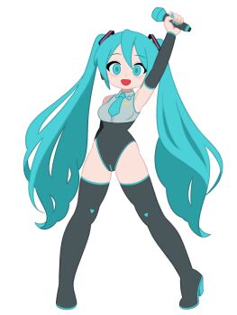 1girl :d alternate_costume aqua_eyes aqua_hair aqua_necktie arm_behind_back arm_up black_arm_warmers black_leotard black_thighhighs breasts deformed full_body grey_shirt hatsune_miku highres holding holding_microphone leotard long_hair looking_at_viewer medium_breasts microphone monster_l_(hochihochiha) necktie open_mouth shirt simple_background sleeveless sleeveless_shirt smile solo thighhighs twintails very_long_hair vocaloid white_background