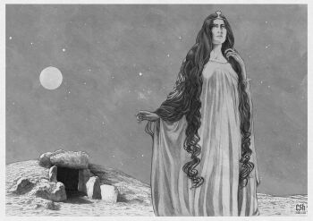 artist_name christian_sloan_hall full_moon graphite_(medium) greyscale head_ornament highres hill long_hair monochrome moon night night_sky original priestess roman_numeral sky spain star_(sky) structure traditional_media