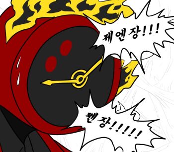 1other black_shirt check_translation clock coat collared_shirt commentary_request dante_(limbus_company) fire korean_commentary korean_text limbus_company object_head project_moon quka404 red_coat shirt simple_background solo speech_bubble translation_request white_background