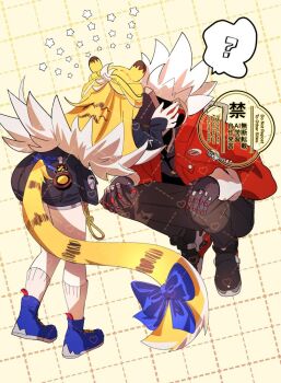 1boy 1girl ? animal_ear_fluff animal_ears billy_kid black_pants black_shoes blonde_hair blue_shoes bow checkered_background clothed_robot colored_inner_hair commentary_request from_behind hands_on_another&#039;s_face hands_on_own_knees high-waist_shorts humanoid_robot ice_ice_mint jacket ju_fufu long_hair mechanical_arms mechanical_hands multicolored_hair orange_fur pants red_jacket robot robot_boy shoes shorts socks spiked_hair spoken_question_mark squatting star_(symbol) striped_fur striped_hair tail tail_bow tail_ornament tiger_ears tiger_girl tiger_stripes tiger_tail white_hair white_socks yellow_background yellow_eyes yellow_jacket zenless_zone_zero