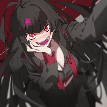 1girl black_hair black_nails black_skirt black_wings blue_archive blush breasts commentary_request fangs hand_on_own_cheek hand_on_own_face highres large_breasts long_hair long_sleeves looking_at_viewer messy_hair nail_polish neckerchief open_mouth reaching reaching_towards_viewer red_eyes red_neckerchief sailor_collar school_uniform serafuku skirt solo star_(symbol) tsurugi_(blue_archive) ushiki_yoshitaka very_long_hair wings