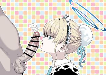 1boy 1girl bar_censor blonde_hair blue_archive blue_eyes blue_halo blush bun_cover censored clothed_female_nude_male commentary_request erection frills from_side hair_bun hair_ribbon halo hetero large_penis maid_headdress nude penis penis_awe penis_on_face ribbon short_hair single_hair_bun smegma smelling smelling_penis solo_focus toki_(blue_archive) upper_body veins veiny_penis yuuki_fumi_(organic_flavor)