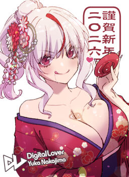 1girl :q arm_under_breasts artist_name breasts bust_cup cleavage collarbone commentary_request floral_print flower grey_hair hair_flower hair_ornament happy_new_year japanese_clothes kimono large_breasts long_hair long_sleeves looking_at_viewer multicolored_hair nakajima_yuka new_year original ponytail print_kimono red_eyes red_flower red_hair red_kimono sidelocks simple_background solo streaked_hair tongue tongue_out upper_body white_background white_flower wide_sleeves