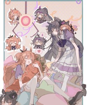 >_< 2girls animal_ears apple_da-ze bandaid bandaid_on_face bandaid_on_nose black_dress black_hair blush bow bowtie carrot character_doll closed_eyes closed_mouth commentary_request crane_game doll dress ear_ribbon hair_between_eyes hat heart highres horse_ears horse_girl horse_tail long_hair long_sleeves mayano_top_gun_(racehorse) mayano_top_gun_(rockin'_mewmeow)_(umamusume) mayano_top_gun_(sunlight_bouquet)_(umamusume) mayano_top_gun_(umamusume) multiple_girls narita_brian_(hungry_wolves)_(umamusume) narita_brian_(racehorse) narita_brian_(umamusume) official_alternate_costume one_eye_closed open_mouth orange_eyes orange_hair pleated_skirt ponytail purple_bow purple_bowtie purple_shirt sailor_collar sailor_shirt school_uniform shirt skirt smile speech_bubble spoken_heart stuffed_animal stuffed_carrot stuffed_toy tail thighhighs tracen_school_uniform two_side_up umamusume white_dress white_sailor_collar white_skirt white_thighhighs yellow_eyes