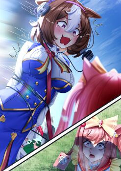 2girls absurdres agnes_digital_(super_express!_full_color_special)_(umamusume) agnes_digital_(umamusume) ahoge animal_ears aroused_nosebleed bag between_breasts blood blue_dress blue_eyes blue_sky blush bow breasts brown_hair double-parted_bangs dress ear_bow ear_ribbon fence gloves grass hair_between_eyes hair_bow hair_ornament hairband headband headphones highres horse_ears horse_girl jewelry large_breasts long_hair long_sleeves manjo_(warito) medium_hair meisho_doto_(turbulent_blue)_(umamusume) meisho_doto_(umamusume) meme multicolored_hair multiple_girls necklace nosebleed notebook open_mouth outdoors pearl_necklace pink_hair pink_hairband pink_headband purple_eyes short_hair shoulder_bag sky sleeveless strap_between_breasts tripping two-tone_hair umamusume white_dress white_gloves white_hair yoshi_and_toad_kissing_(meme)