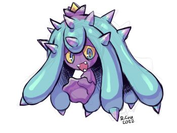 Rule 34 | artist name, blue eyes, colored sclera, fangs, gen 7 pokemon, looking at viewer, mareanie, nintendo, no humans, open mouth, pokemon, pokemon (creature), robert j case, signature, simple background, solo, spikes, white background, yellow sclera
