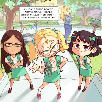 4girls :3 anger_vein badge blonde_hair breasts brown_hair cleavage crossed_arms dating english_text fang fighting food frown glasses green_eyes large_breasts long_hair looking_at_viewer mature_female medium_hair mesugaki mother_and_child mother_and_daughter multiple_girls original parent_and_child pizza pizza_hut pizza_slice pov purple_eyes raised_inner_eyebrows restaurant round_eyewear rtil semi-rimless_eyewear short_hair smile smoking smug speech_bubble