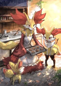 3girls apron baking bowl braixen clothed_pokemon cookie delphox evolutionary_line fennekin food furry furry_female gen_6_pokemon holding kitchen mother_and_daughter motherly multicolored_fur multiple_girls nintendo open_mouth orange_eyes pokemon pokemon_(creature) red_fur smile smileshinnshi standing stick yellow_fur