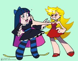 2girls animated artist_name ass ass_expansion bent_over black_dress blonde_hair blue_eyes blue_hair blue_thighhighs blunt_bangs blush bouncing_ass breasts closed_mouth constricted_pupils dress earrings from_behind full_body green_background high_heels hoop_earrings huge_ass jewelry long_hair long_sleeves medium_breasts multicolored_hair multiple_girls open_mouth panties panty_&amp;_stocking_with_garterbelt panty_(psg) pink_hair red_dress red_footwear simple_background sleeveless smile sound standing stocking_(psg) striped_clothes striped_panties striped_thighhighs tagme tail-blazer teeth thighhighs two-tone_hair underwear upper_teeth_only video