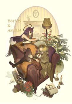 2girls 9twoeight absurdres armchair black_gloves black_shoes black_thighhighs blonde_hair book brown_capelet brown_coat brown_hat brown_skirt candle candlestand capelet chair character_name closed_eyes closed_mouth coat collared_shirt commentary commission crumpled_paper cushion deerstalker detached_sleeves diamond_hairband dress dress_shirt feathered_wings fireplace floor_lamp flower gloves gradient_hair hair_ornament halo hat highres holding holding_book hololive hololive_english lamp lampshade long_hair long_sleeves looking_at_another low_wings magnifying_glass mole mole_under_eye multicolored_hair multiple_girls necktie ninomae_ina'nis ninomae_ina'nis_(1st_costume) on_chair open_book open_clothes open_coat orange_hair painting_(object) paper parted_lips pen picture_frame plant pleated_skirt potted_plant purple_dress purple_eyes purple_hair reclining red_flower red_necktie shirt shoes short_necktie sidelocks single_detached_sleeve skirt sleeping smile stethoscope strapless strapless_dress suitcase syringe tentacle_hair thighhighs traditional_halo untranslatable_commentary unworn_headwear vase very_long_hair virtual_youtuber watson_amelia watson_amelia_(1st_costume) white_background white_flower white_shirt white_sleeves white_wings wings yellow_halo