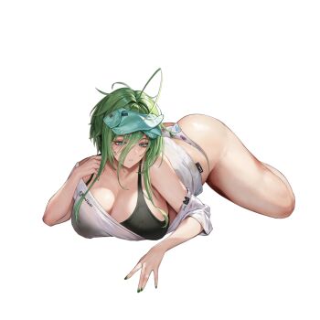 1girl ahoge ass black_bra blue_eyes bored bra breasts cleavage closed_mouth collarbone english_text eye_mask eyewear_on_head full_body green_hair green_nails hair_between_eyes highres huge_ahoge huge_breasts large_breasts last_origin lemonade_epsilon long_sidelocks looking_down lying mask nail_polish non-web_source official_alternate_costume official_art panties ren._(ren.ko) shirt short_hair sidelocks simple_background single-shoulder_shirt solo spread_legs squid_print tachi-e transparent_background underwear white_panties white_shirt