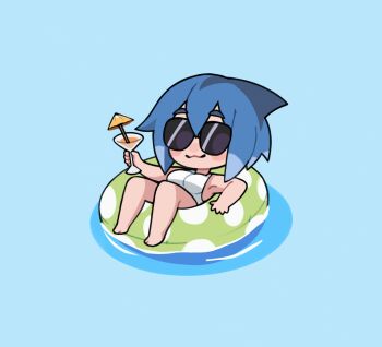 1girl :3 afloat animated animated_gif armpits azuumori bare_shoulders bikini blue_background blue_hair blush_stickers bob_cut breasts chibi closed_mouth commentary cup english_commentary full_body hair_between_eyes hand_up highres holding holding_cup innertube mako_(azuumori) medium_breasts medium_hair multicolored_hair original polka_dot polka_dot_innertube simple_background solo sunglasses swim_ring swimsuit thick_eyebrows two-tone_hair water white_bikini