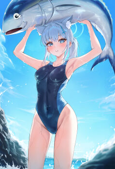 1girl 2gong_(9ujin_) absurdres animal animal_ear_fluff animal_ears armpits arms_up bare_arms bare_shoulders blue_archive blue_one-piece_swimsuit breasts competition_swimsuit covered_navel extra_ears fish halo highleg highleg_one-piece_swimsuit highres holding holding_animal holding_fish long_hair looking_at_viewer medium_breasts mismatched_pupils official_alternate_costume one-piece_swimsuit parted_lips shiroko_(blue_archive) shiroko_(swimsuit)_(blue_archive) solo swimsuit thighs wet white_hair wolf_ears