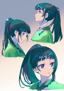 1girl beads blue_eyes blunt_bangs chii_(chi_hrd) chinese_clothes closed_mouth expressionless green_hair green_shirt grey_background hair_beads hair_ornament highres kusuriya_no_hitorigoto long_hair maomao_(kusuriya_no_hitorigoto) multiple_views ponytail portrait profile shirt solo upper_body
