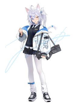 1girl absurdres animal_ear_fluff animal_ears black_necktie blue_eyes bullpup fang grey_hair gun heterochromia highres holding holding_gun holding_weapon jacket jerry_wang leg_warmers long_hair looking_to_the_side necktie open_mouth original p90 pantyhose pleated_skirt shirt shoes side_ponytail skirt sneakers standing submachine_gun tail vest weapon white_pantyhose white_shirt yellow_eyes