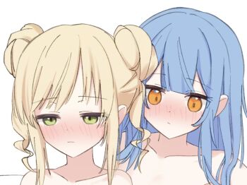 2girls bare_shoulders blonde_hair blue_hair blush braid collarbone commentary_request double_bun green_eyes hair_bun mahou_shoujo_no_majo_saiban medium_hair multi-tied_hair multiple_girls nekobanana_(m23453456) shared_bathing simple_background tachibana_sherry tono_hanna white_background yuri