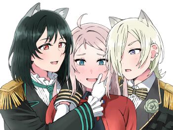 Rule 34 | 3girls, @ @, ahoge, anemone lz, arm on another&#039;s shoulder, black hair, black jacket, black shirt, blue eyes, blush, boutonniere, bow, bowtie, collared shirt, commentary, dress shirt, epaulettes, fang, flipped hair, flower, gentle nyangasaki, girl sandwich, gloves, green flower, green necktie, green rose, grey hair, hair over one eye, hand on another&#039;s cheek, hand on another&#039;s face, highres, jacket, long sleeves, looking at another, love live!, love live! nijigasaki high school idol club, medium hair, mia taylor, mifune shioriko, mole, mole under eye, multiple girls, neck ribbon, necktie, nervous sweating, nijigasaki school uniform, nose blush, official alternate costume, one eye covered, open clothes, open jacket, open mouth, orange eyes, pink hair, purple eyes, r3birth (love live!), raised inner eyebrows, red ribbon, ribbon, rose, sandwiched, school uniform, shirt, short hair, simple background, striped bow, striped bowtie, striped clothes, sweat, symbol-only commentary, v-shaped eyebrows, vertical-striped clothes, vertical-striped necktie, white background, white gloves, yellow bow, yellow bowtie, yuri, zhong lanzhu