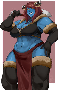 Rule 34 | 1girl, abs, absurdres, alt text, axe, barbarian, bare shoulders, battle axe, black boots, black gloves, black tank top, blue lips, blue skin, boots, border, breasts, cleavage, collarbone, colored skin, commentary, commission, commissioner upload, crystal necklace, demon girl, demon horns, elbow gloves, english commentary, eyelashes, facial scar, feet out of frame, female orc, fur-trimmed boots, fur-trimmed crop top, fur-trimmed gloves, fur trim, gloves, grey horns, hand on own hip, hand up, hedon bloodrite, highres, holding, holding axe, horns, large breasts, long hair, midriff, mole, mole above mouth, muscular, muscular female, navel, nose, open mouth, orange eyes, orc, outside border, pelvic curtain, pink background, puzzledartist, red hair, scar, scar on cheek, scar on face, signature, simple background, smile, solo, spiked horns, tank top, teeth, thick thighs, thigh boots, thighs, weapon, weapon on back, white border, zan (hedon)